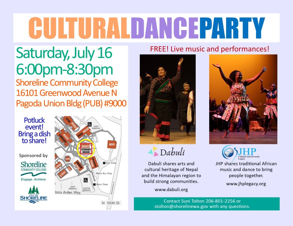 Cultural Dance Image: Flyer with details described above plus image of dancing woman and campus map with the Pagoda Union Building circled flyer