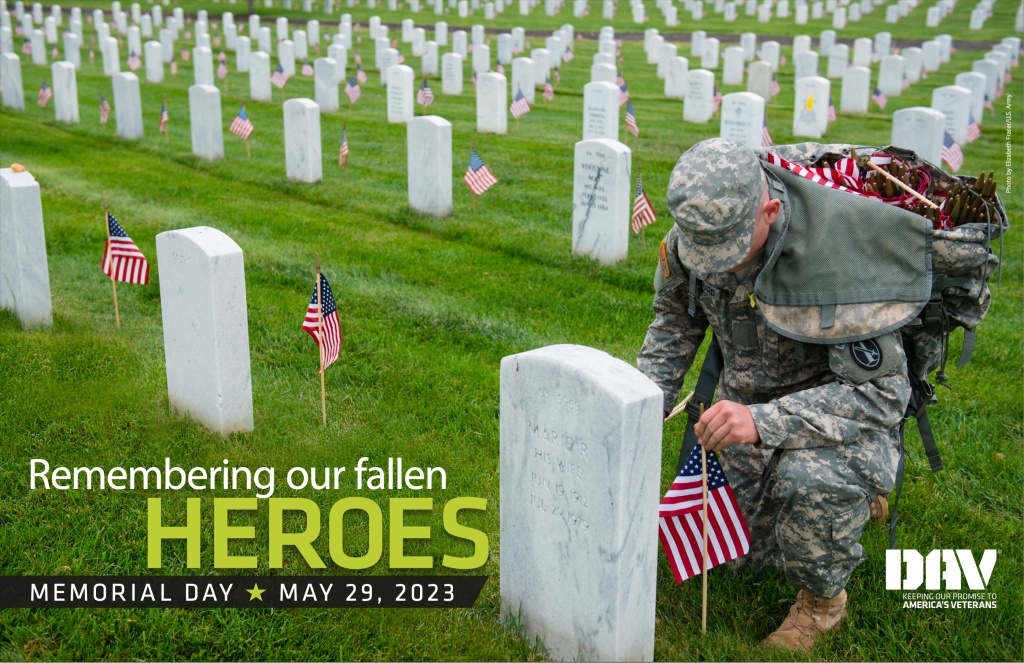 This image shows a soldier kneeling amongst rows of gravestones with American flags in front of each.
